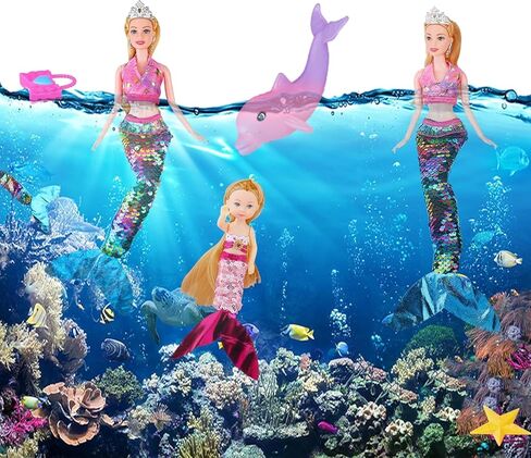 Baljinder Magical Mermaid Dolls with Little Mermaid | Summer Princess Doll & Color Change Dolphin Playset for Water Swimming | Mermaid Pool Toys for Girls 4-7 | Birthday Party Christmas in Saudi Arabia
