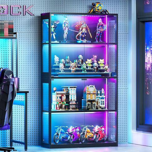 AODK Glass Display Cabinet with Glass Doors, 4-Tier Display Case with RGB Lights, Glass Cabinet Shelf for Collectibles and Storage, Black Curio Cabinet for Gaming Room in Kuwait