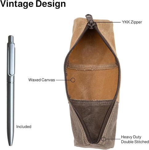 Waxed Canvas Pencil Pouch, Vintage Pencil Bag for Women or Men, Zippered Stationery Organizer for Pens and Accessories Handmade Multi-Purpose Utility Case - Minimalist Small Pencil Case Pouch (Tan) in Saudi Arabia