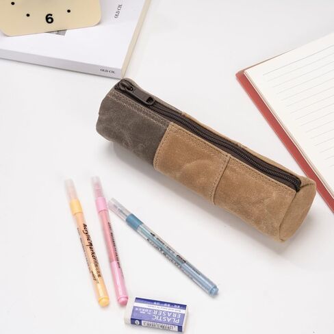 Waxed Canvas Pencil Pouch, Vintage Pencil Bag for Women or Men, Zippered Stationery Organizer for Pens and Accessories Handmade Multi-Purpose Utility Case - Minimalist Small Pencil Case Pouch (Tan) in Saudi Arabia