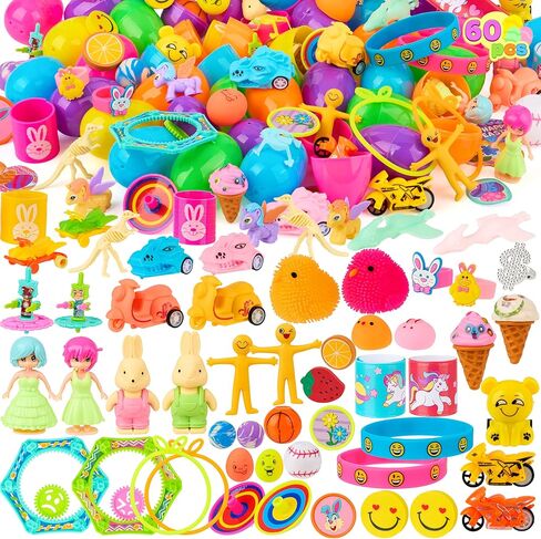 JOYIN 60Pcs Easter Eggs with Toys Stickers Inside, Prefilled Easter Eggs Hunt with Assorted Toys for Kids Boys Girls, Basket Stuffers Filler, Party Favors, Classroom Exchange in Saudi Arabia