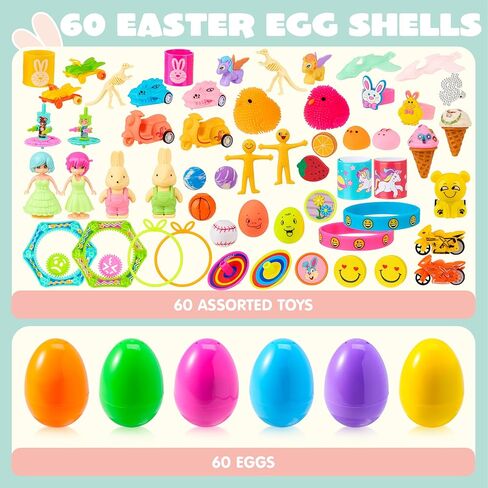 JOYIN 60Pcs Easter Eggs with Toys Stickers Inside, Prefilled Easter Eggs Hunt with Assorted Toys for Kids Boys Girls, Basket Stuffers Filler, Party Favors, Classroom Exchange in Saudi Arabia