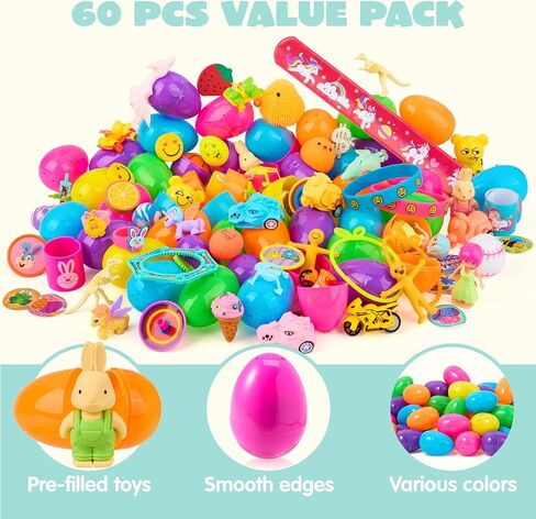 JOYIN 60Pcs Easter Eggs with Toys Stickers Inside, Prefilled Easter Eggs Hunt with Assorted Toys for Kids Boys Girls, Basket Stuffers Filler, Party Favors, Classroom Exchange in Saudi Arabia
