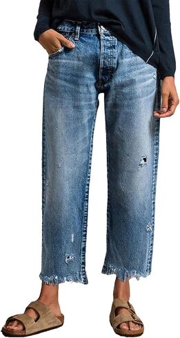 Flamingals Straight Leg Mid Rise Ripped Wash Raw Hem Casual Denim Bootcut Barrel Pants in Saudi Arabia