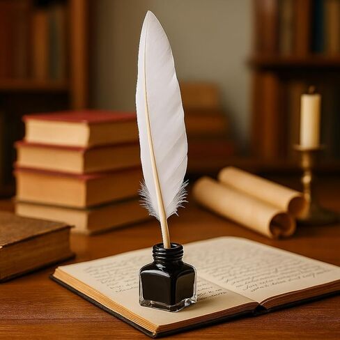 15 Pcs White Goose Feather Calligraphy Pens Quill Ballpoint Pens Wedding Guest Signature Pens Signing Writing Pens Vintage Black Ink Pens Retro Ball Point Pen Antique Dip Pens School Office Supplies in Kuwait
