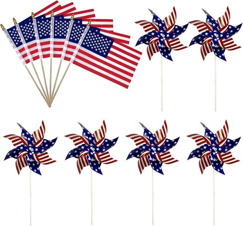 12-Piece Set with 9.3x9.3 Inch Pinwheels and 6 Small Flags American Flag Pinwheels, Red White and Blue Patriotic Decorations for Yard and Garden, Fourth of July Memorial Day Displays in Kuwait