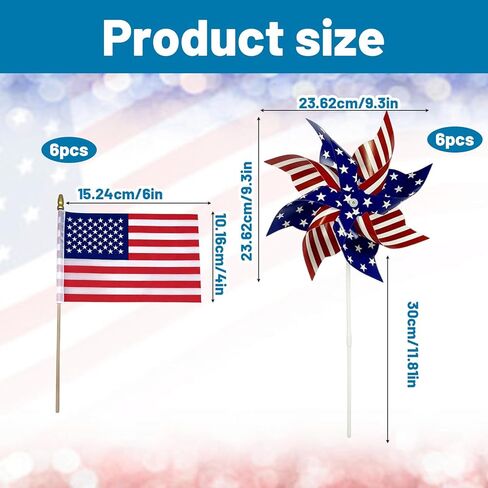 12-Piece Set with 9.3x9.3 Inch Pinwheels and 6 Small Flags American Flag Pinwheels, Red White and Blue Patriotic Decorations for Yard and Garden, Fourth of July Memorial Day Displays in Kuwait