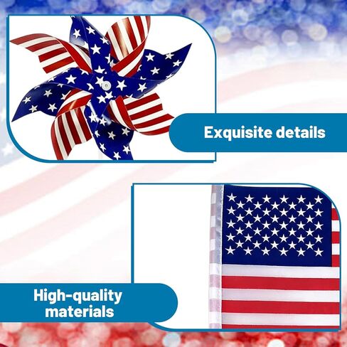 12-Piece Set with 9.3x9.3 Inch Pinwheels and 6 Small Flags American Flag Pinwheels, Red White and Blue Patriotic Decorations for Yard and Garden, Fourth of July Memorial Day Displays in Kuwait