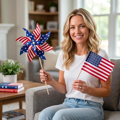 12-Piece Set with 9.3x9.3 Inch Pinwheels and 6 Small Flags American Flag Pinwheels, Red White and Blue Patriotic Decorations for Yard and Garden, Fourth of July Memorial Day Displays in Kuwait