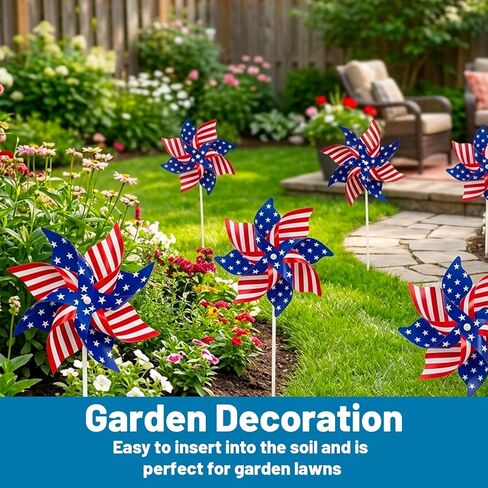 12-Piece Set with 9.3x9.3 Inch Pinwheels and 6 Small Flags American Flag Pinwheels, Red White and Blue Patriotic Decorations for Yard and Garden, Fourth of July Memorial Day Displays in Kuwait