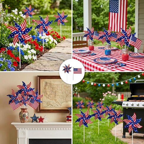 12-Piece Set with 9.3x9.3 Inch Pinwheels and 6 Small Flags American Flag Pinwheels, Red White and Blue Patriotic Decorations for Yard and Garden, Fourth of July Memorial Day Displays in Kuwait