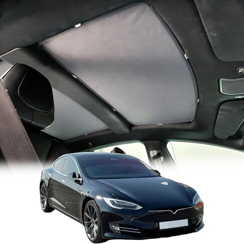مظلة زجاجية للسقف الزجاجي متوافقة مع طراز Tesla S 2014-2018 [بدون فجوات، لا تتدلى أبدًا]، ترقية فتحة سقف زجاجية ناعمة من جلد الغزال ملحق درع عازل للحرارة قابل للطي (رمادي) in Kuwait