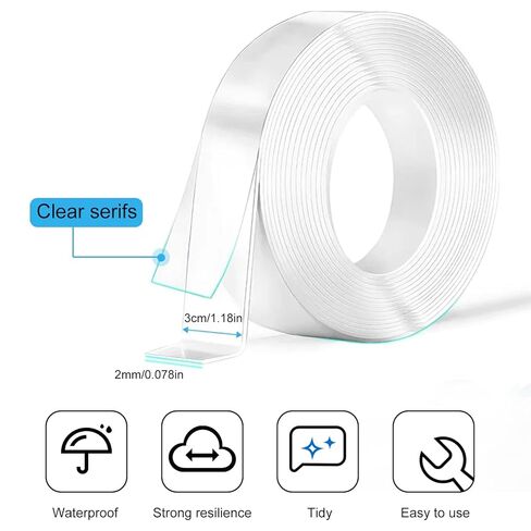 3.3FT Clear Double Sided Nano Tape, Heavy Duty Removable Adhesive for Wall Decor, Hanging Pictures, Posters, Carpet & Photos in Kuwait