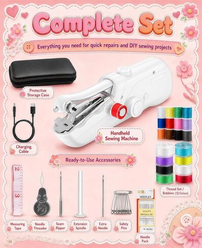 Handheld Sewing Machine, 60+ Piece Sewing Kit with EVA Storage Case, Mini Portable Sewing Machine with Electric Switch & Dual Power Supply for Beginners, Quick Repairs & DIY & Home Use, Lvory White in Saudi Arabia
