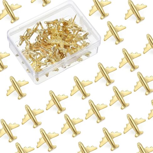 30 PCS Gold Airplane Push Pins Metal Decorative Thumb Tacks for Map Cork Bulletin Boards Photos Wall Maps Office School Supplies Home DIY Decoration Pushpin with Clear Organizer Box in Kuwait