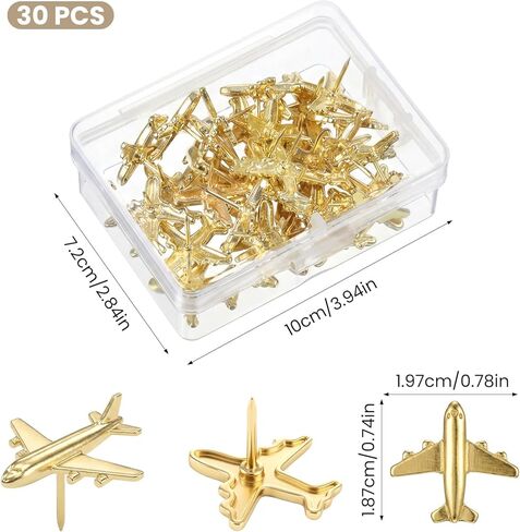 30 PCS Gold Airplane Push Pins Metal Decorative Thumb Tacks for Map Cork Bulletin Boards Photos Wall Maps Office School Supplies Home DIY Decoration Pushpin with Clear Organizer Box in Kuwait