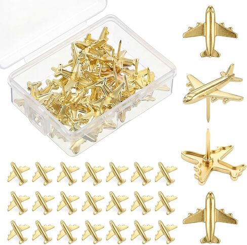 30 PCS Gold Airplane Push Pins Metal Decorative Thumb Tacks for Map Cork Bulletin Boards Photos Wall Maps Office School Supplies Home DIY Decoration Pushpin with Clear Organizer Box in Kuwait