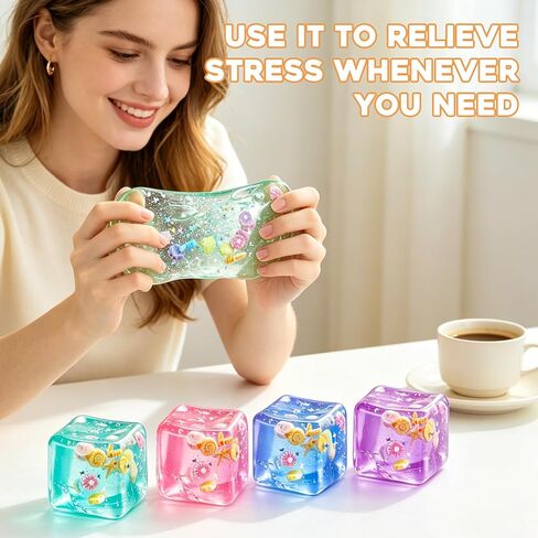 1Pc Ice Cube Squishy Stress Balls,Slow Rising Sensory Fidget Toy with Marine Shells Inside Square Soft Sensory Anxiety Relief Squeeze Cube for Adults Teens Kids(Green) in Saudi Arabia
