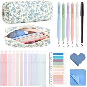 Aileam 22Pcs Book Annotation Kit Aesthetic Pencil Case with Supplies Annotation Supplies Gel Pen Transparent Sticky Note Taking Bible Reading Stationery Supplies (Blue Floral) in Kuwait