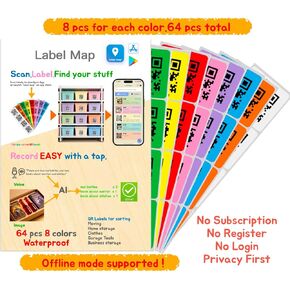 Label Map: 64 Waterproof QR Code Labels, 8 Colors. No Subscription, No Typing—Use Voice & Camera. iOS/Android App, Offline Mode, No Login Needed. Perfect for Storage, Moving & Home Organization in Saudi Arabia