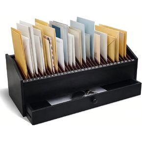 Wood Desktop Organizer with Drawer, 17 Inch 32 Section Bill & Mail & File Organizer Storage for Office Desk, Desktop Mail Holder and Office Supplies Storage, Letter and Paper Sorter(Black) in Kuwait