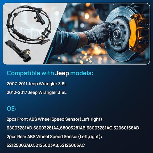ABS Wheel Speed Sensor Set Front & Rear Left Right for 2007-2011 Jeep Wrangler JK 3.8L, 2012-2017 Jeep Wrangler 3.6L, Driver Passenger Side 68003281AA, 68003281AB, 52125003AD, 52125003AB, 52125003AC in Kuwait