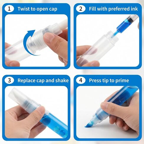4Pcs Refillable Empty Paint Markers Set - Jumbo Flat Head Fillable Graffiti Pens (6.5, 8, 11, 16mm Tips) - Clear Body Leak-Proof Touch-Up Pens for Acrylic, Oil, Water-Based Ink Refillable Paint Marker in Kuwait