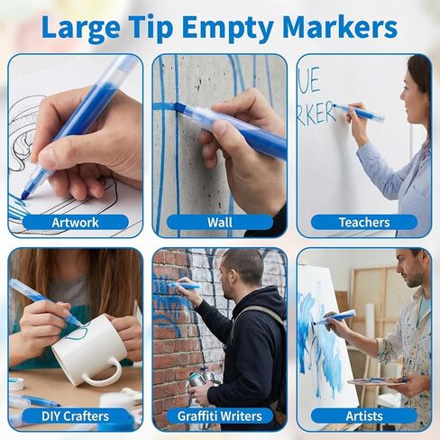 4Pcs Refillable Empty Paint Markers Set - Jumbo Flat Head Fillable Graffiti Pens (6.5, 8, 11, 16mm Tips) - Clear Body Leak-Proof Touch-Up Pens for Acrylic, Oil, Water-Based Ink Refillable Paint Marker in Kuwait