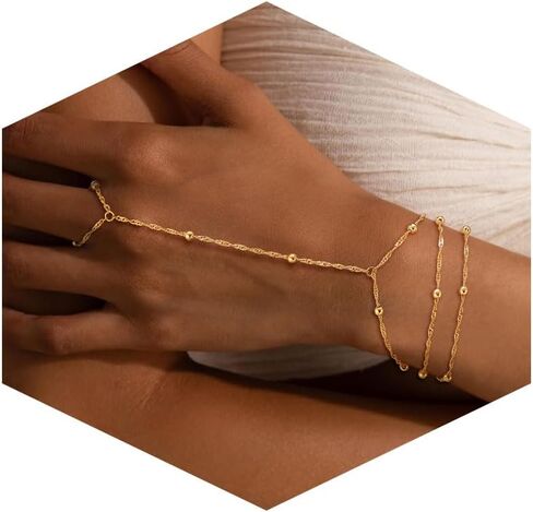 14K Gold Plated Hand Chain Bracelet for Women Trendy, 2 Pcs Stackable Gold/Silver Finger Ring Bracelet Hand Chain Dainty Non Tarnish Waterproof Set Jewelry Adjustable 7'+2 Valentine's Day Gift in Saudi Arabia