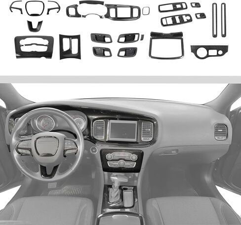 JWWY Carbon Fiber Interior Trim Kit for 2015–2026 Dodge Charger, Center Console Gear Shift Knob AC Cup Holder Door Handle Air Vent Headlight Window Switch Cover Interior Accessories 24PCS in Kuwait