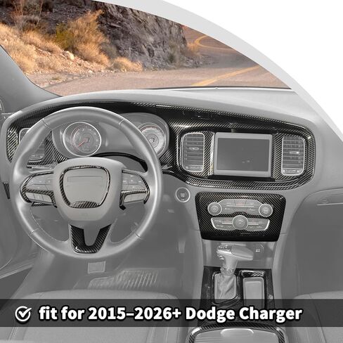 JWWY Carbon Fiber Interior Trim Kit for 2015–2026 Dodge Charger, Center Console Gear Shift Knob AC Cup Holder Door Handle Air Vent Headlight Window Switch Cover Interior Accessories 24PCS in Kuwait