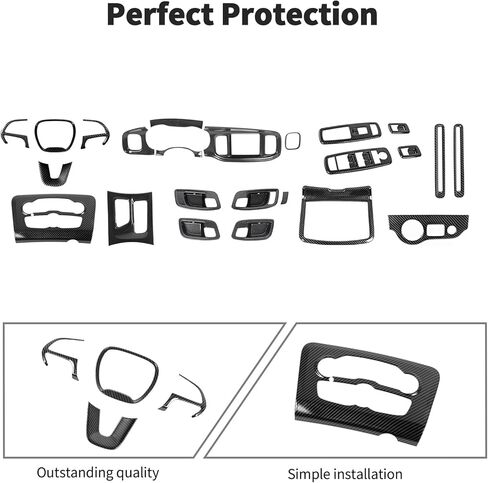 JWWY Carbon Fiber Interior Trim Kit for 2015–2026 Dodge Charger, Center Console Gear Shift Knob AC Cup Holder Door Handle Air Vent Headlight Window Switch Cover Interior Accessories 24PCS in Kuwait