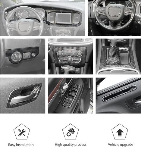 JWWY Carbon Fiber Interior Trim Kit for 2015–2026 Dodge Charger, Center Console Gear Shift Knob AC Cup Holder Door Handle Air Vent Headlight Window Switch Cover Interior Accessories 24PCS in Kuwait