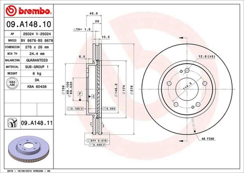 Brembo 09.A148.11 UV Coated vented Front Brake Rotor MITSUBISHI/MITSUBISHI (SOUEAST) OE# MR510966 in Kuwait