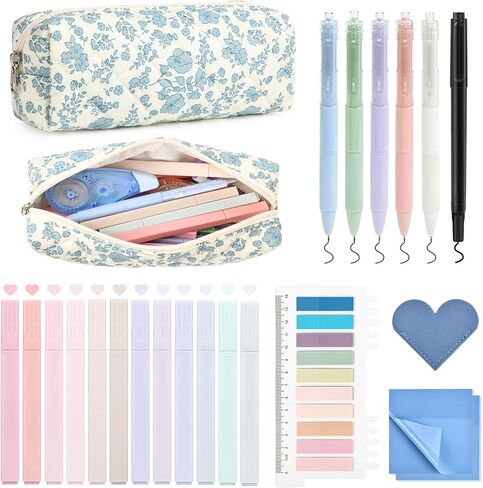 Aileam 22Pcs Book Annotation Kit Aesthetic Pencil Case with Supplies Annotation Supplies Gel Pen Transparent Sticky Note Taking Bible Reading Stationery Supplies (Blue Floral) in Kuwait