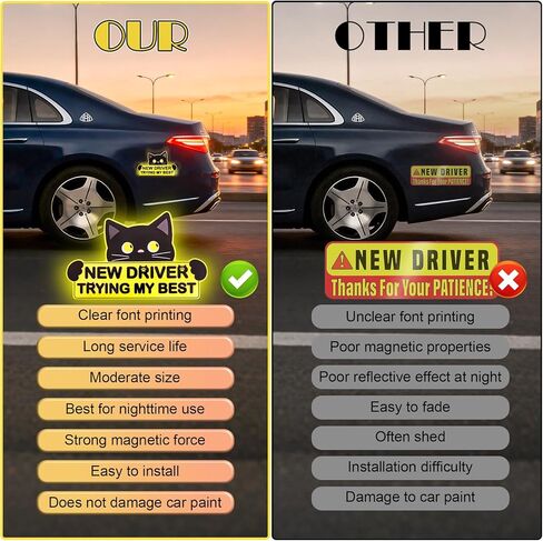 مغناطيس سيارة Kingmall Black Cat New Driver، 3 عبوات من علامات تحذير السلامة مع رسائل تحذير، شكل مستطيل ومثلث، 7.48 × 4.72 بوصة in Kuwait