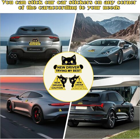 مغناطيس سيارة Kingmall Black Cat New Driver، 3 عبوات من علامات تحذير السلامة مع رسائل تحذير، شكل مستطيل ومثلث، 7.48 × 4.72 بوصة in Kuwait