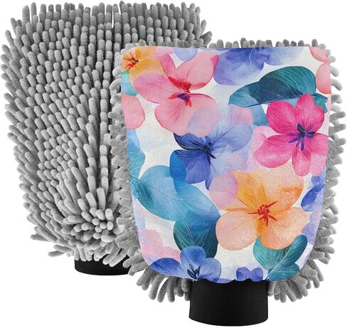 AIXIWAWA Colorful Floral Print Car Wash Mitt Washing Glove Scratch Free Water Absorbent 2 Pack Large in Kuwait