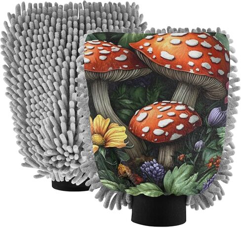 AIXIWAWA Vivid Mushroom Print Car Wash Mitt Washing Glove Scratch Free Water Absorbent 2 Pack Medium in Kuwait