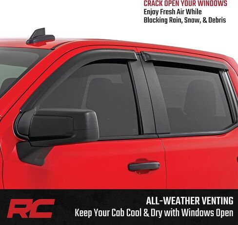 واقيات المطر على النوافذ بشريط Rough Country لسيارة Chevy Silverado وGMC Sierra 1500/2500HD/3500HD Crew Cab (2019-2025) - واقيات نافذة منخفضة المظهر، واقي مطر 4 قطع للشاحنات in Kuwait