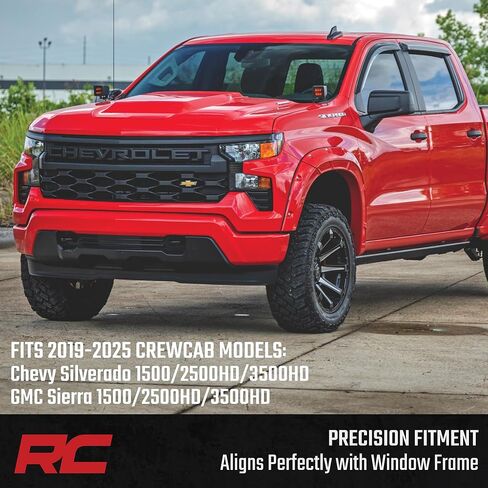 واقيات المطر على النوافذ بشريط Rough Country لسيارة Chevy Silverado وGMC Sierra 1500/2500HD/3500HD Crew Cab (2019-2025) - واقيات نافذة منخفضة المظهر، واقي مطر 4 قطع للشاحنات in Kuwait