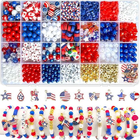 2100Pcs 4th of July Patriotic Beads Kit, Independence Day Bead Red White and Blue Polymer Clay Beads for Bracelets Jewelry Making Acrylic Round Star Letter Loose Beads with USA Patriotic Star Charms in Saudi Arabia