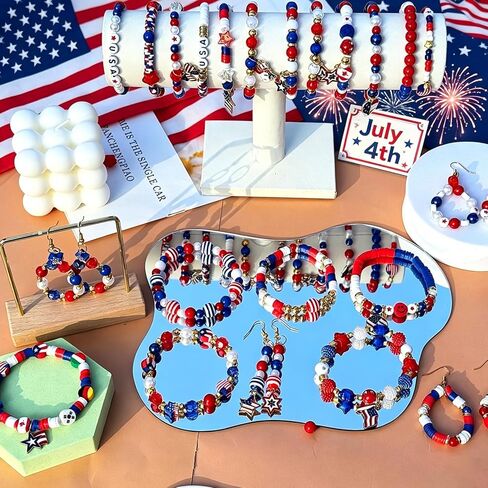 2100Pcs 4th of July Patriotic Beads Kit, Independence Day Bead Red White and Blue Polymer Clay Beads for Bracelets Jewelry Making Acrylic Round Star Letter Loose Beads with USA Patriotic Star Charms in Saudi Arabia