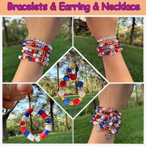 2100Pcs 4th of July Patriotic Beads Kit, Independence Day Bead Red White and Blue Polymer Clay Beads for Bracelets Jewelry Making Acrylic Round Star Letter Loose Beads with USA Patriotic Star Charms in Saudi Arabia