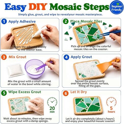 CaiyiDiyue 6 مجموعات DIY بلاط الفسيفساء الزجاجي للحرف اليدوية، مجموعات فسيفساء ملونة مختلطة مع قاعدة خشبية للبالغين الفنون اليدوية والهدايا اليدوية، حزمة مواد ديكور المنزل عيد الميلاد عيد الميلاد in Kuwait