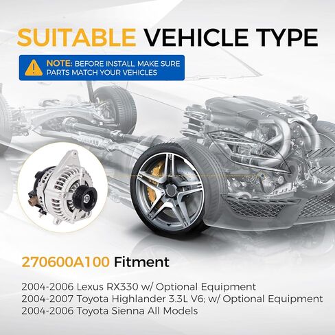 PAROD® Alternator 12V 130A مناسب لـ 2004-2006 Lexus RX330، 2004-2007 Toyota Highlander 3.3L V6، 2004-2006 Sienna CW 6-Groove Clutch Pulley استبدال #270600A100 in Kuwait