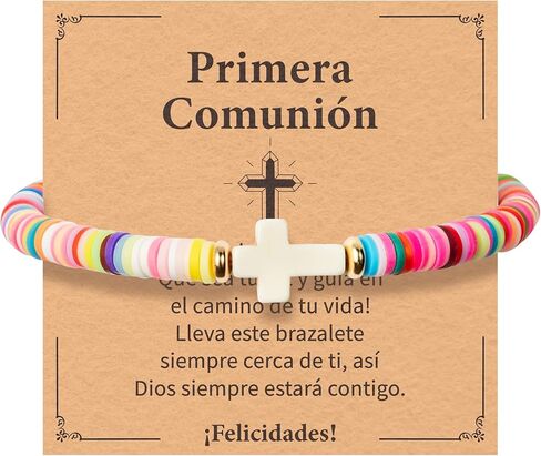 مجموعة أساور هدية Y1tvei First Communion - سوار خرز متقاطع من الطين الإسباني مع بطاقة نعمة، هدية عيد ميلاد دينية كاثوليكية للفتيات المراهقات، تأكيد معمودية Niñas Cruz Prima Comunión Pulsera in Kuwait