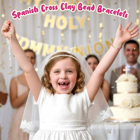 مجموعة أساور هدية Y1tvei First Communion - سوار خرز متقاطع من الطين الإسباني مع بطاقة نعمة، هدية عيد ميلاد دينية كاثوليكية للفتيات المراهقات، تأكيد معمودية Niñas Cruz Prima Comunión Pulsera in Kuwait
