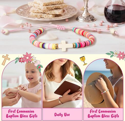 مجموعة أساور هدية Y1tvei First Communion - سوار خرز متقاطع من الطين الإسباني مع بطاقة نعمة، هدية عيد ميلاد دينية كاثوليكية للفتيات المراهقات، تأكيد معمودية Niñas Cruz Prima Comunión Pulsera in Kuwait