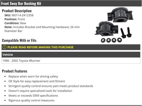 Marketplace Auto Parts Front Sway Bar Bushing Kit - with Bracket and Mounting Hardware - Compatible with 1996-2002 Toyota 4Runner, (W0114-Z412358) in Kuwait